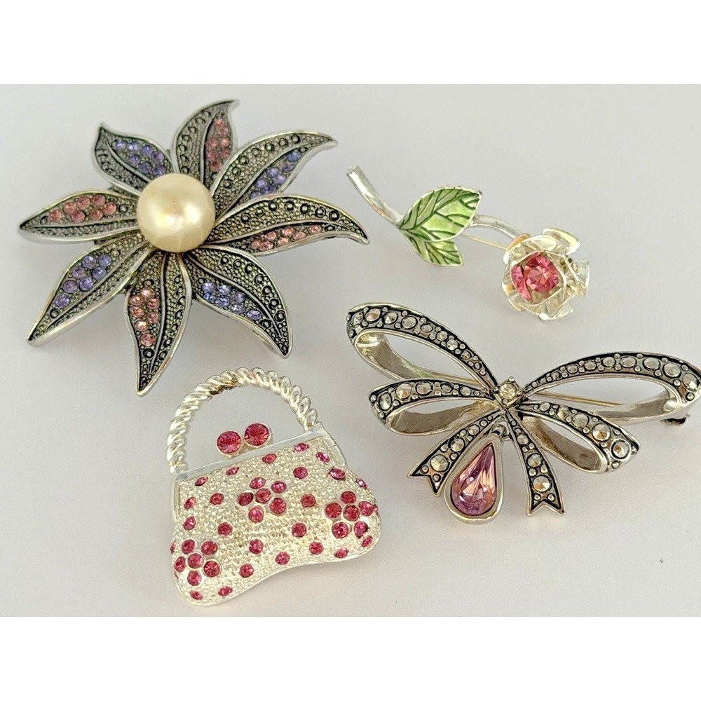 Vintage Rhinestone Brooch Lot 4 Flower Bow Purse Rose Whimsical Statement Pins